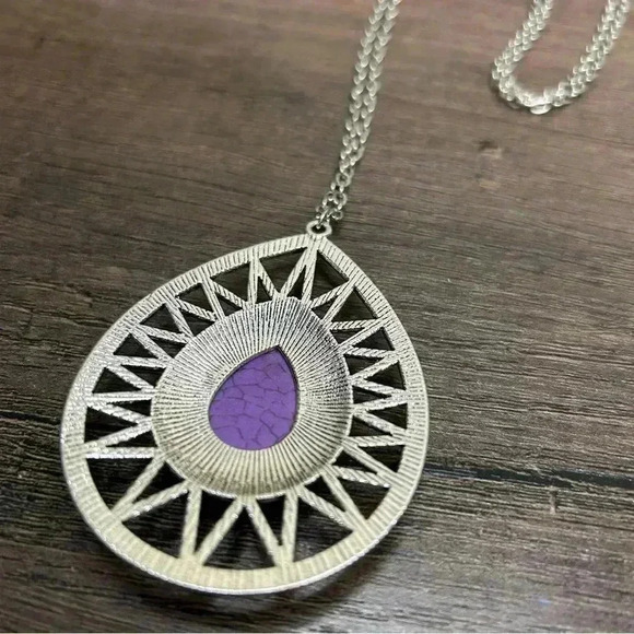 Silver Tone Large Pendant with Purple Stone Long Necklace - Picture 3 of 3